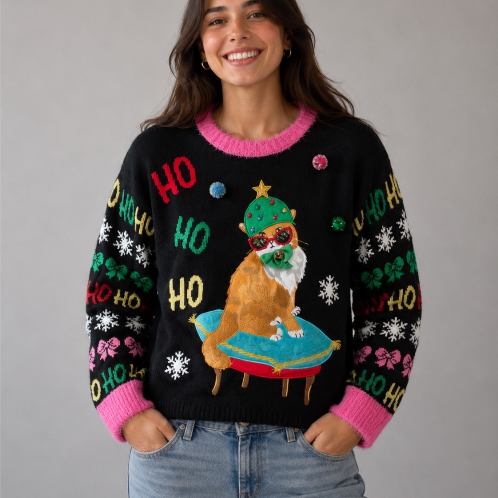 JOLLIDAYS Holiday Cat Graphic Sweater with Pink Trim Size Large